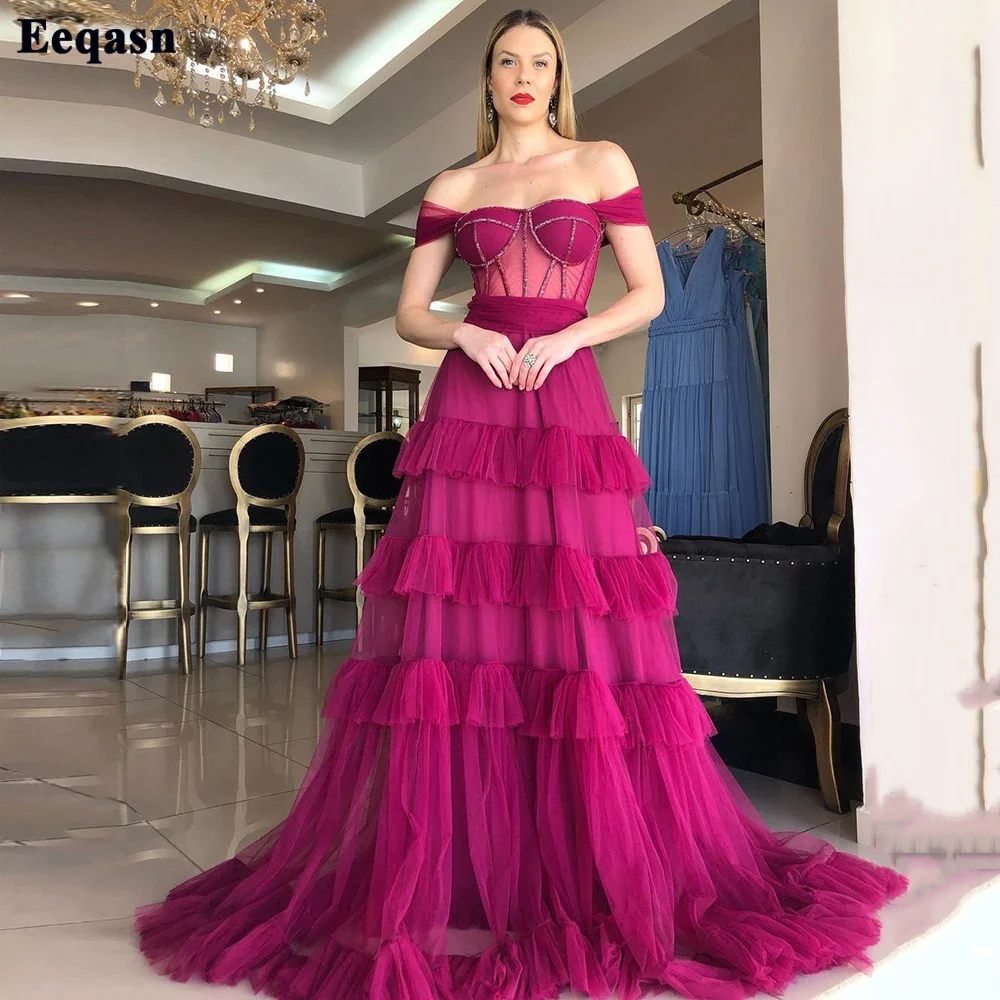 

Eeqasn Exquisite Layered Skirt Long Prom Dresses Women Formal Evening Gowns Off The Shoulder Wedding Party Bridesmaid Dress