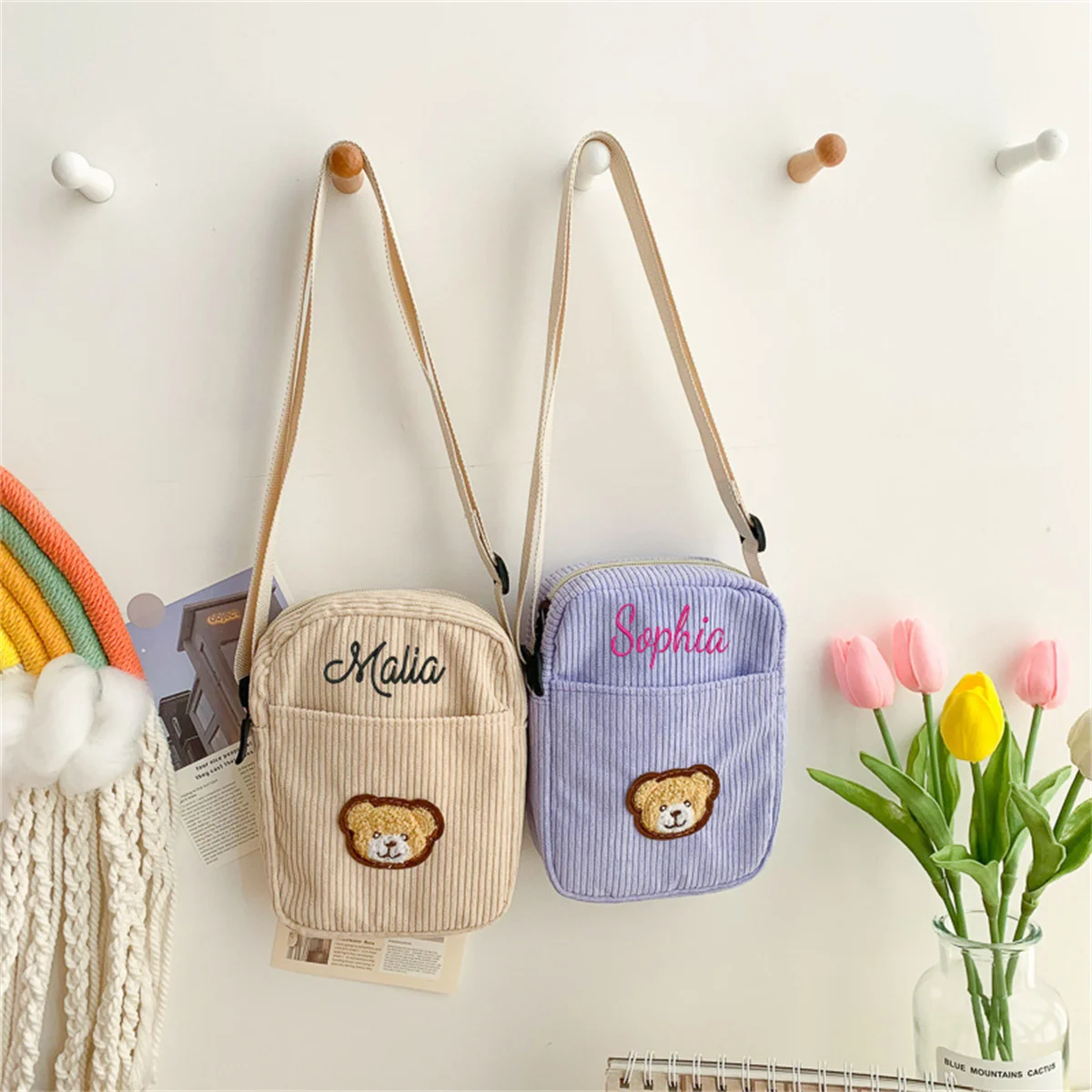 Women Fashion Corduroy Cartoon Bear Print Shoulder Bag Student Girls Tote Messenger Bag Satchel Travel Handbags Canvas Small Bag