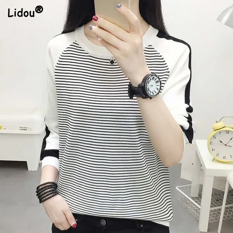 

Worsted Spring Autumn Striped T-Shirts Casual Contrasting Colors Patchwork 2022 New O-Neck Women's Clothing Simple Dignified