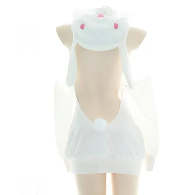 Japanese Women Cute Girl Cat Cow Plush Hoodie Sexy Lop-Eared Rabbit Zipper Lingerie Set Roleplay Backless Hooded Homewear