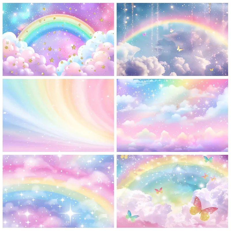 

Colorful Sky Rainbow Cloud Castle Backdrop Glitter Star Baby Shower Kids Birthday Party Background Decor Photo Studio Supplies