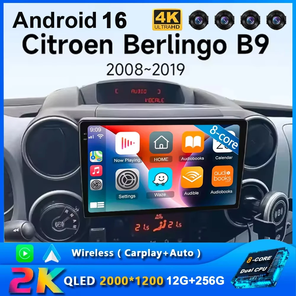 9inch Wireless CarPlay for Apple Android 16 Auto Lamination Radio for Citroen Berlingo 2 B9 Peugeot Partner 2008-2022 Multimedia