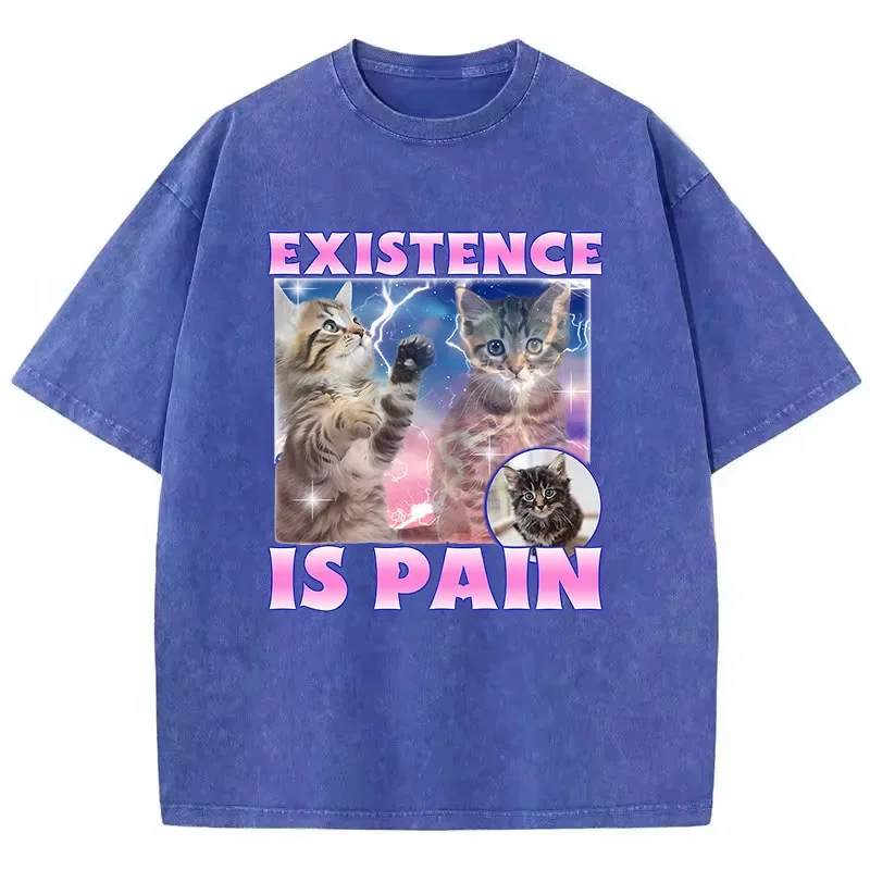 Existence Is Pain Cat T Shirt Vintage Washed 100% Cotton T-Shirt Graphic Tee Casual Streetwear for Spring