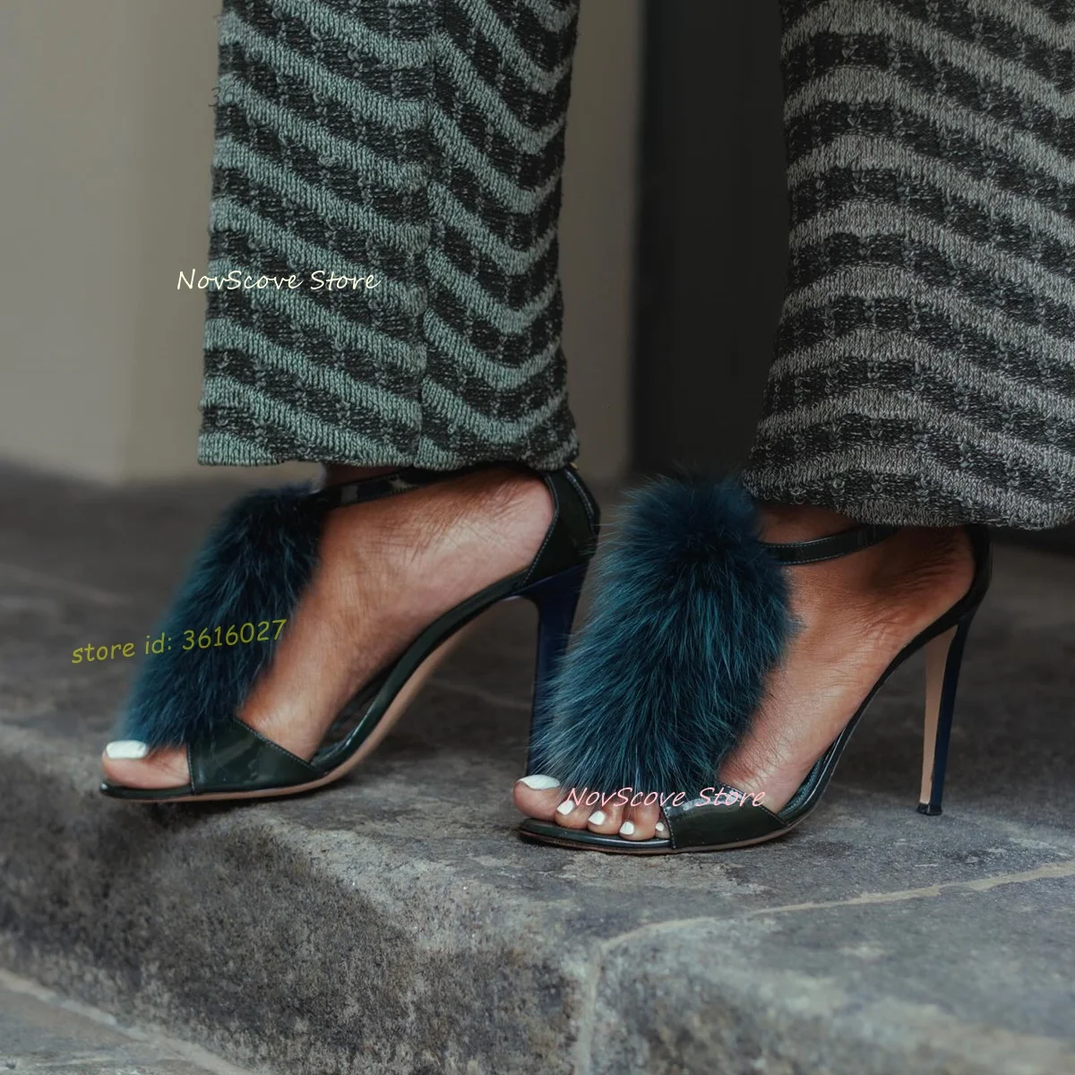 

Open Toe Fur Sandals Ankle Straps Buckle Stiletto High Heels Shallow Single Shoes Sexy Women Summer Dress Party Rubber Sole Pump