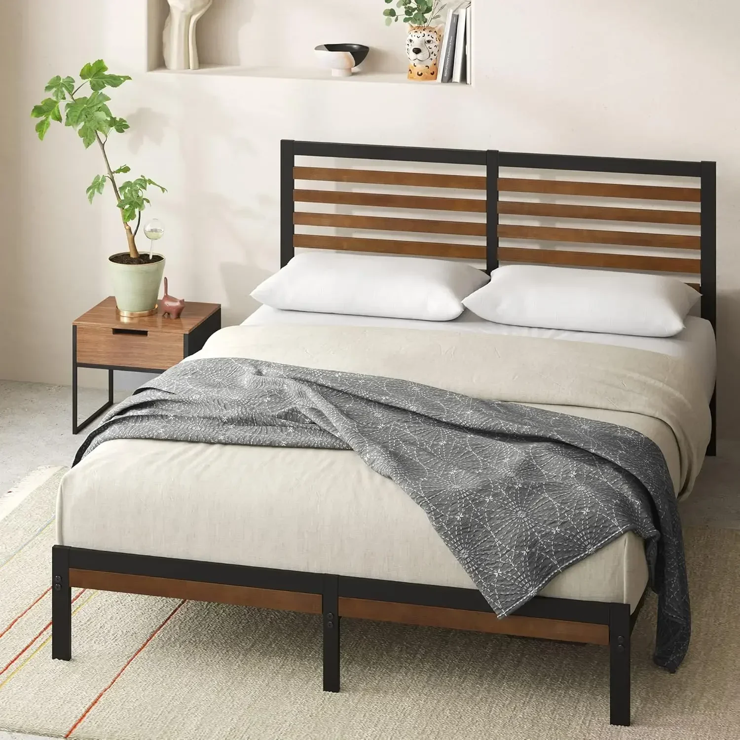 Kai Bamboo and Metal Platform Bed Frame with Headboard, No Box Spring Needed, Easy Assembly, Queen, Brown