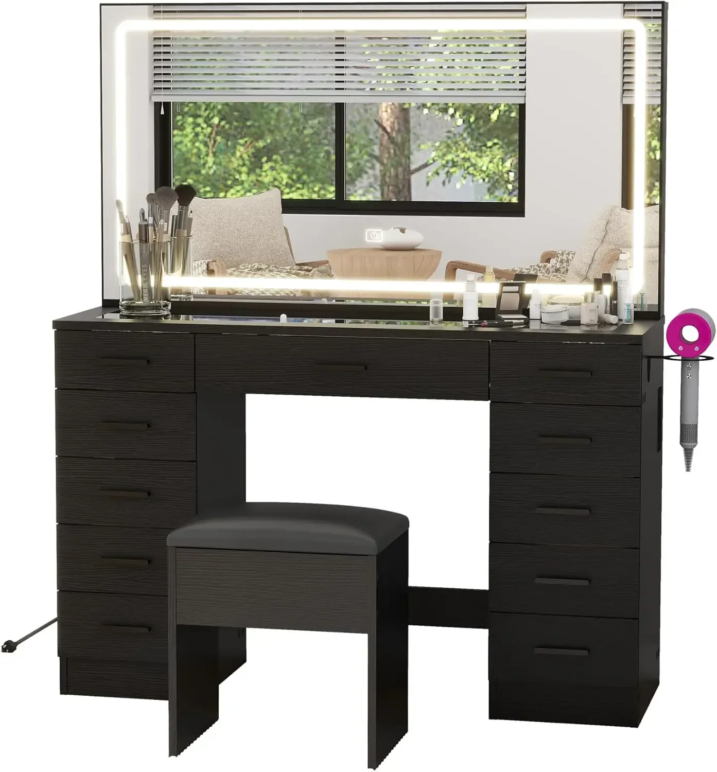 Panana Vanity Desk with 11 Drawers, Glass Top Makeup Table with Mirror and LED Lights Vanity with Stool 3 Lighting Modes Brightn