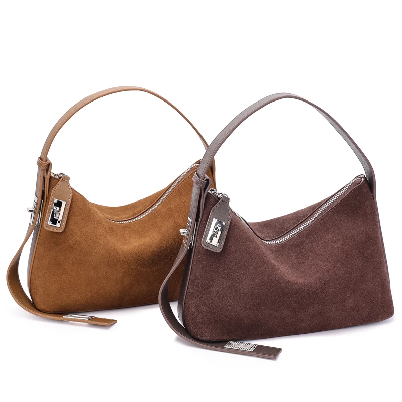 Women's Genuine Suede Cowhide Leather Hobo Shoulder Bag Matte Nubuck Leather Luxury Designer Handbag Retro Crossbody Purse