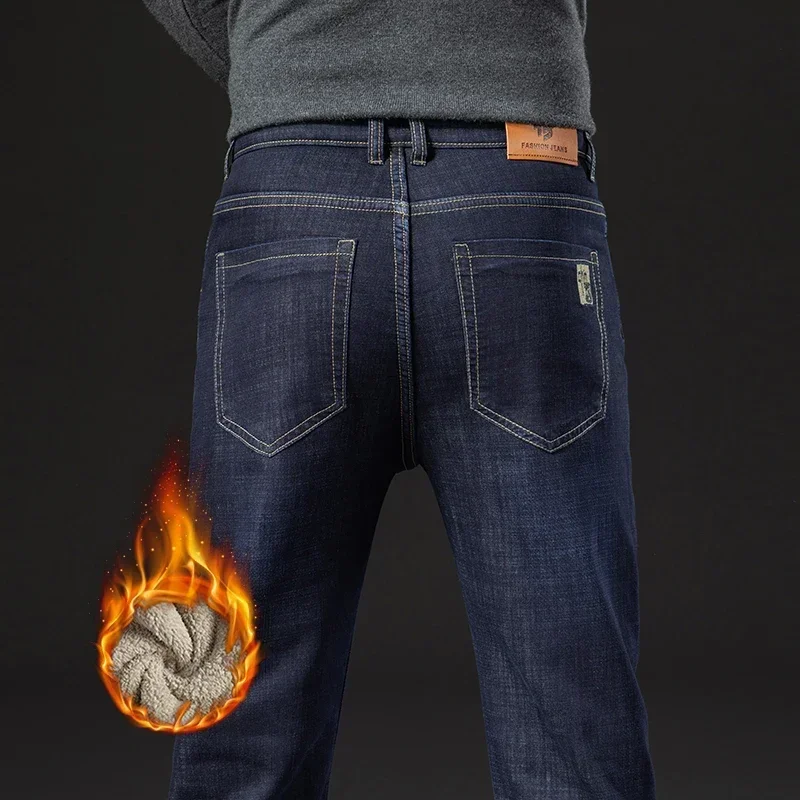 

2025 Men's Business Fashion Warm Straight Fleece Jeans Classic Style Winter Thickened Denim Pants Casual Trousers Male