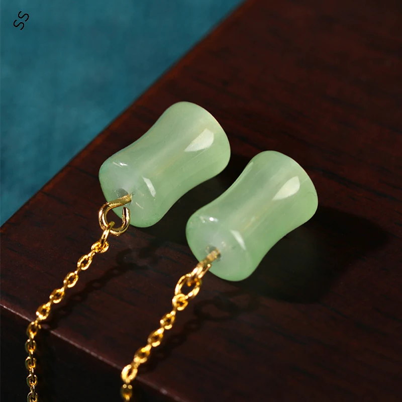 Original Design Imitation Hetian Jade Bamboo Hoop Threader Earrings for Women Chinese Style Small High-grade Ear-Line Accessory