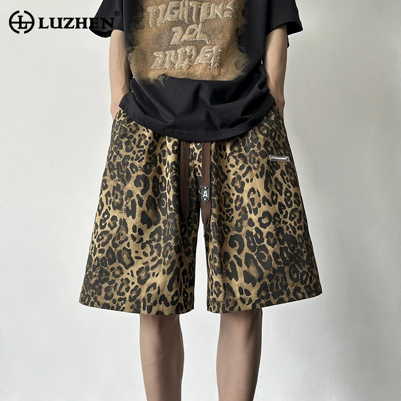 LUZHEN Drawstring Decorate Leopard Print Design Men\'s Shorts New Personalized Trendy Street High Quality Five Point Pants LZ3829