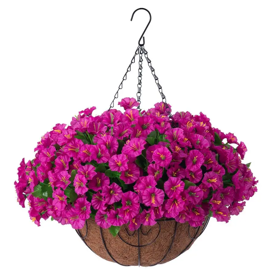 

Artificial Hanging Flowers Plants with Basket for Outdoors Fake Petunias Flowers Fake Silk Morning Glory Planter for Outside Por