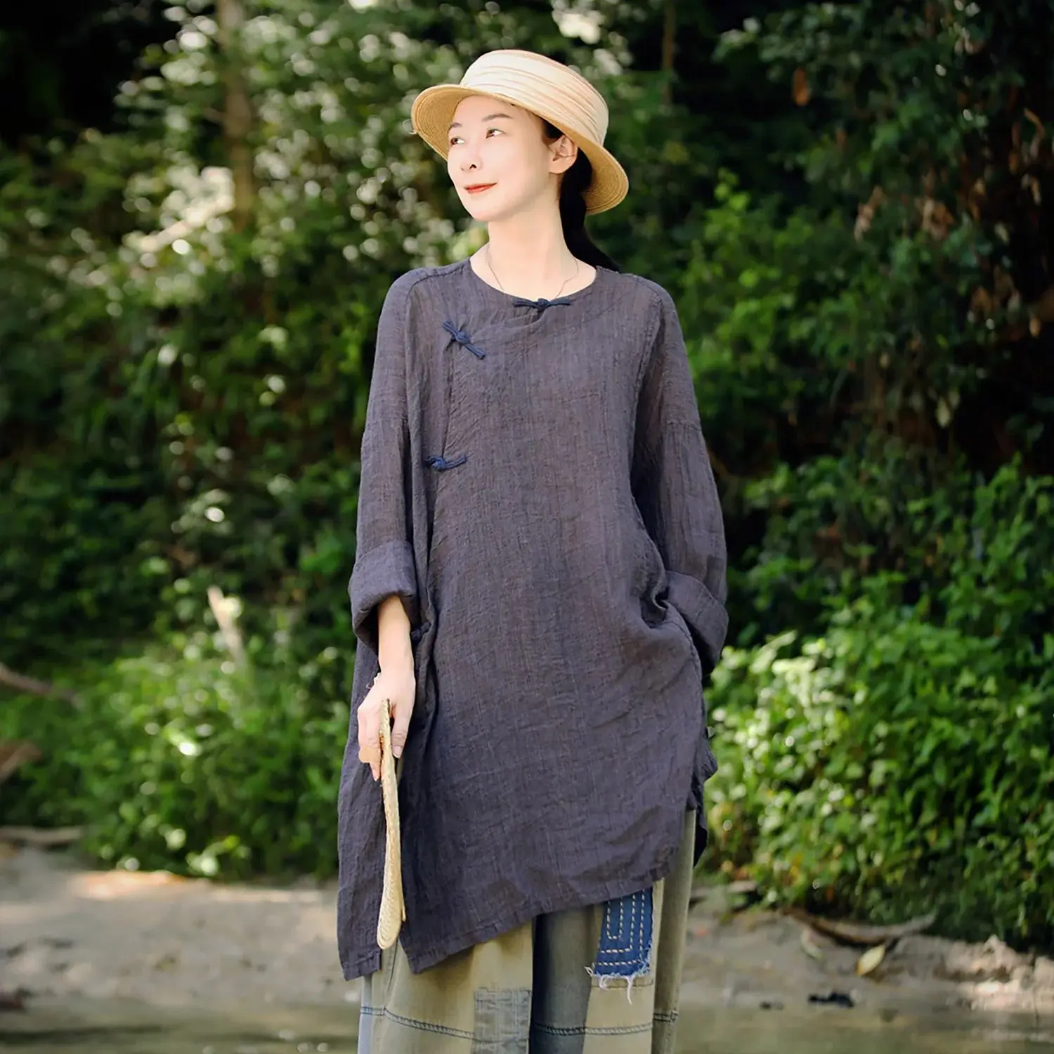 

LZJN New Chinese-style Spring/Autumn Women’s Zen-Inspired Mid-Length Ramie Pullover Shirt, Vintage Long-Sleeve Plus-Size Tunic