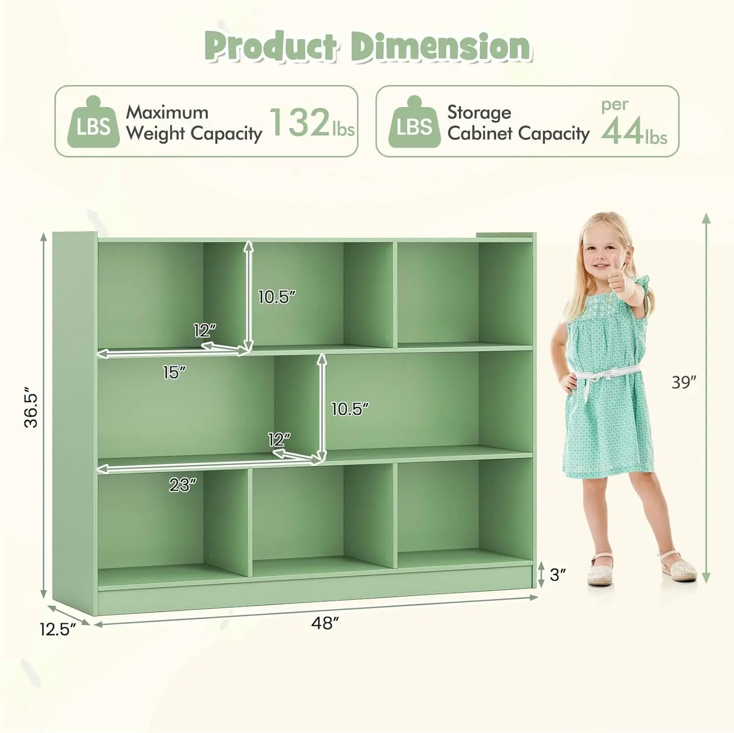Kids Toy Storage Organizer, 8-Section 3-Tier Wooden Book Shelf for Preschool, Playroom & Nursery (Green)