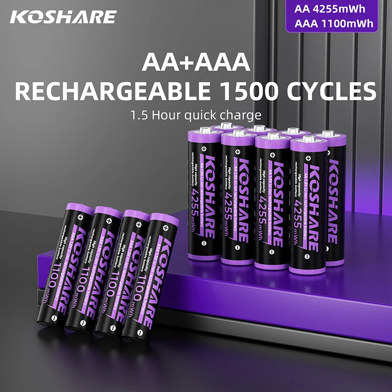 

KOSHARE 1.5V AA & AAA Rechargeable Battery 4255 mWh 1100 mWh Large Capacity Lithium Batteries For Flashlight Mouse Alarm Clock