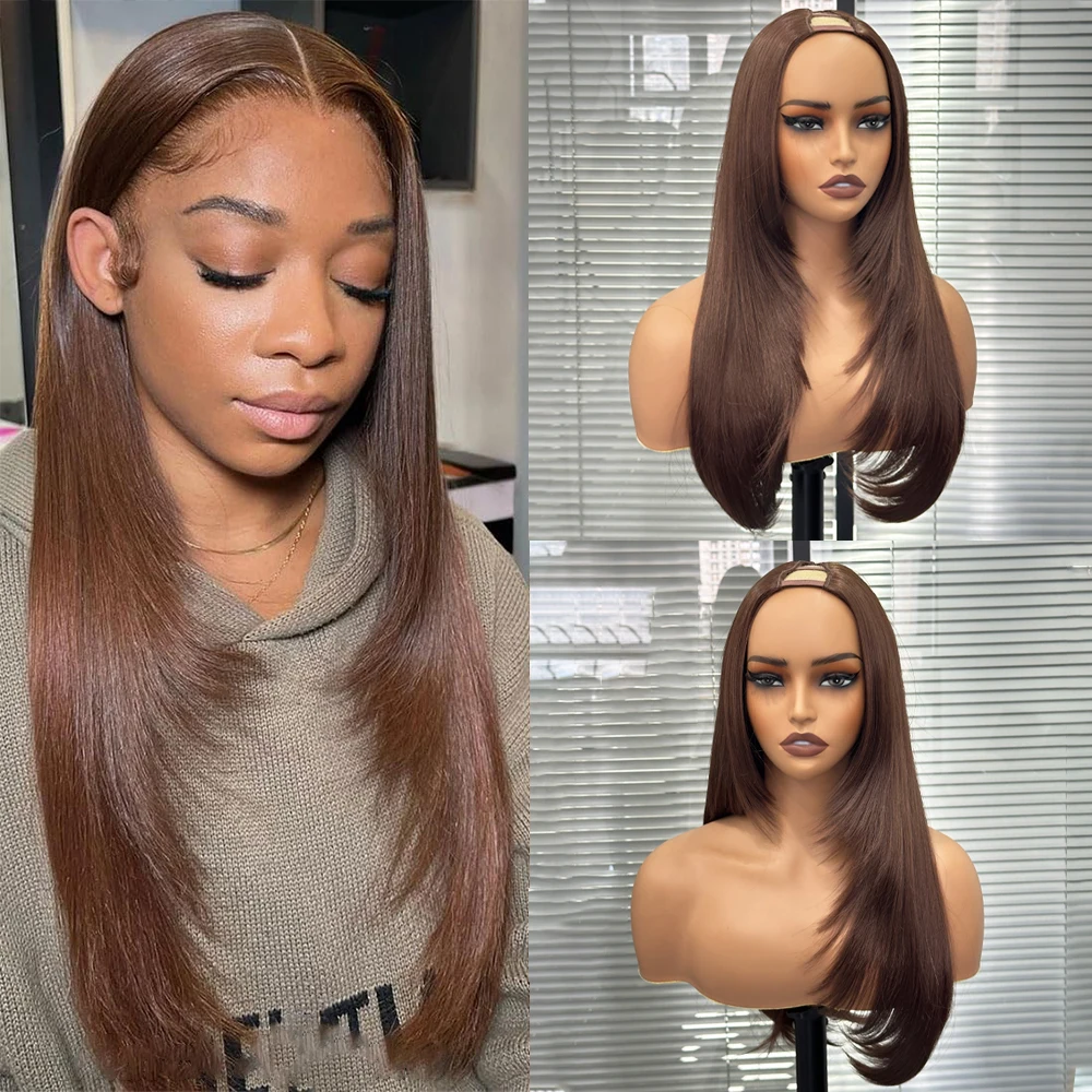 

Chocolate Brown Layered Cut V Part Wigs for Black Women Synthetic Brown Straight U V Part Haircut Glueless Heat Resistant Wigs