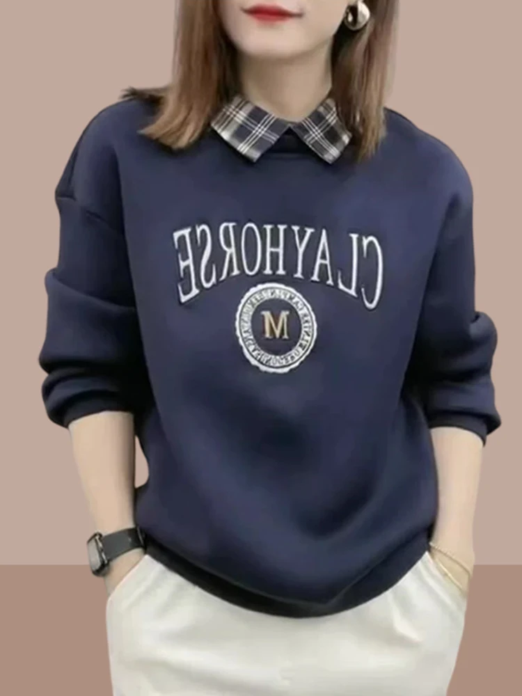 Loose Fit Long Sleeve  Collar Sweatshirt Women's Casual Style Plaid Shirt Autumn Fashion Outerwear Deep Blue Color