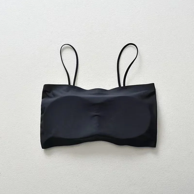 Bra Push Up seksi untuk wanita, atasan Crop Ice Silk tanpa kelim Sling Tube Top kamisol tanpa lengan, Bralette intim