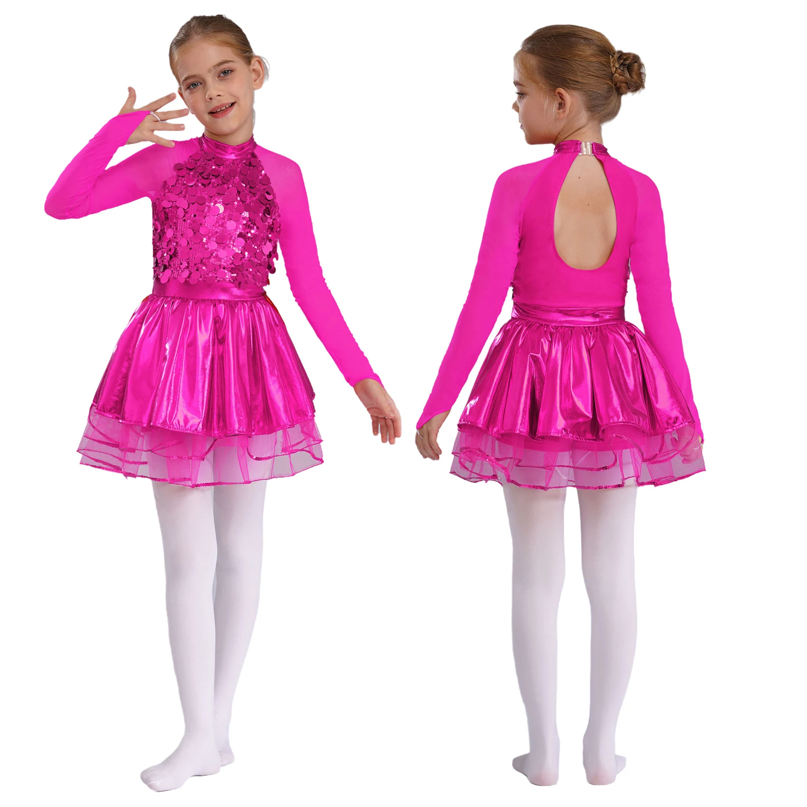 

Kids Girls Ballet Jazz Dance Dress Sheer Mesh Long Sleeves Shiny Sequins Tutu Leotard for Gymnastics Figure Skating Performance