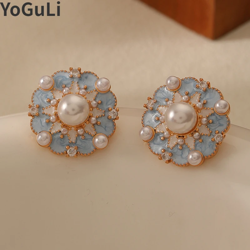 Fashion Jewelry Elegant Temperament Simulated Pearl Blue Flower Earrings For Female Girl Gift