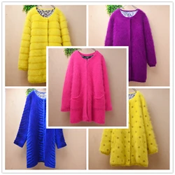 01 Women Fall Winter Clothing Colored Red Hairy Plush Mink Cashmere Knitted Suit Collar Loose Cardigans Jacket Sweater Coat Pull