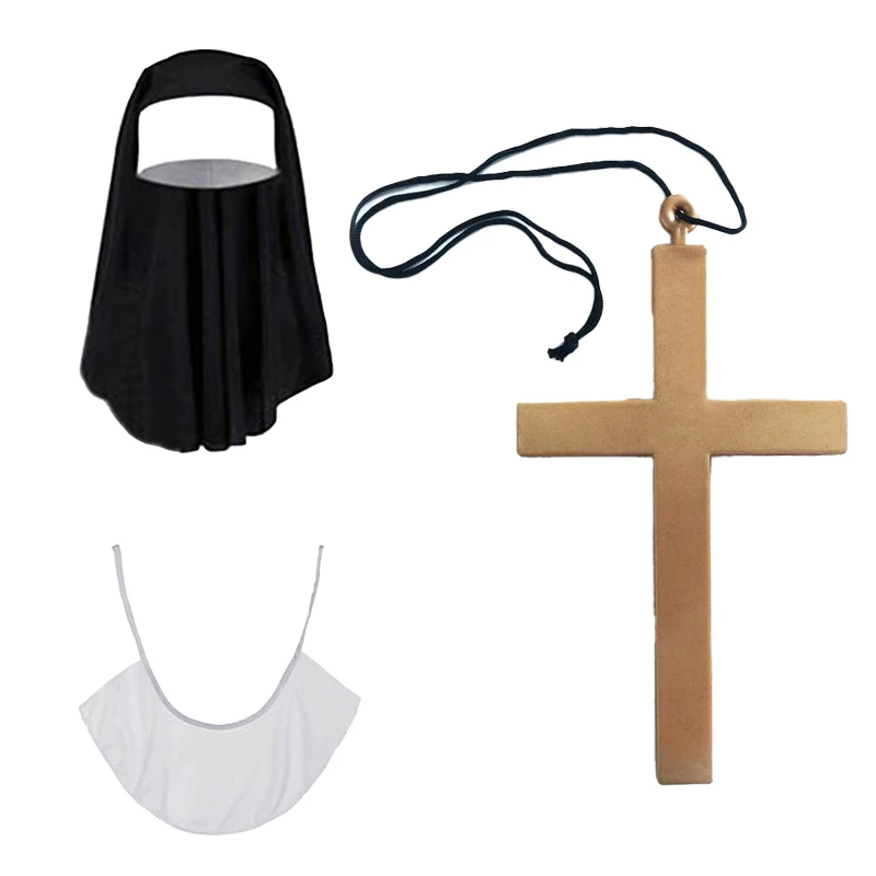 Acessórios de fantasia de festa de terror, fantasia de freira de filme de terror, roupa de freira preta Valak, colar de cruz de sacerdote conjunto de festa de três peças