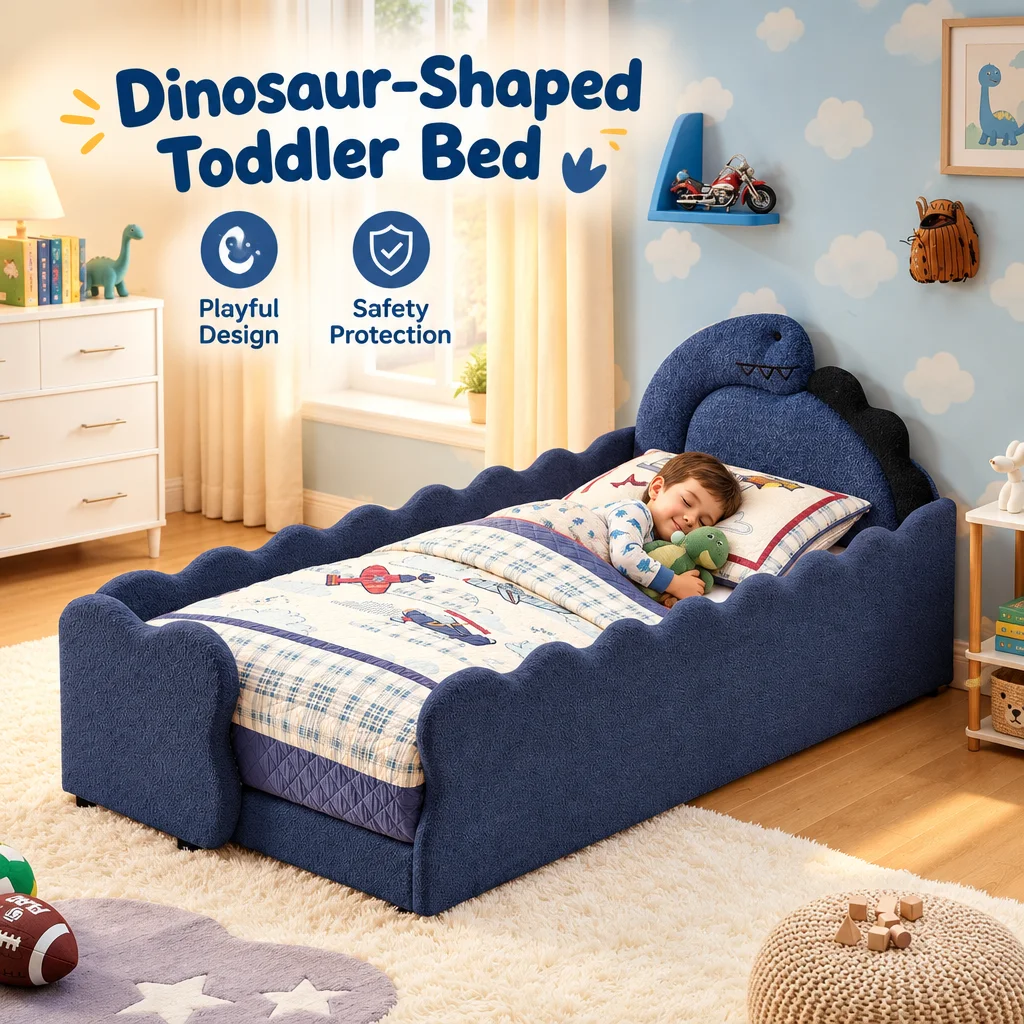 80 inch Kids Bed Dinosaur Shaped Toddler Bed Heightened Safety Guardrail Curly Fleece Upholstered Solid Wood Toddler Bed Frame for Children's Bedroom Small Apartments