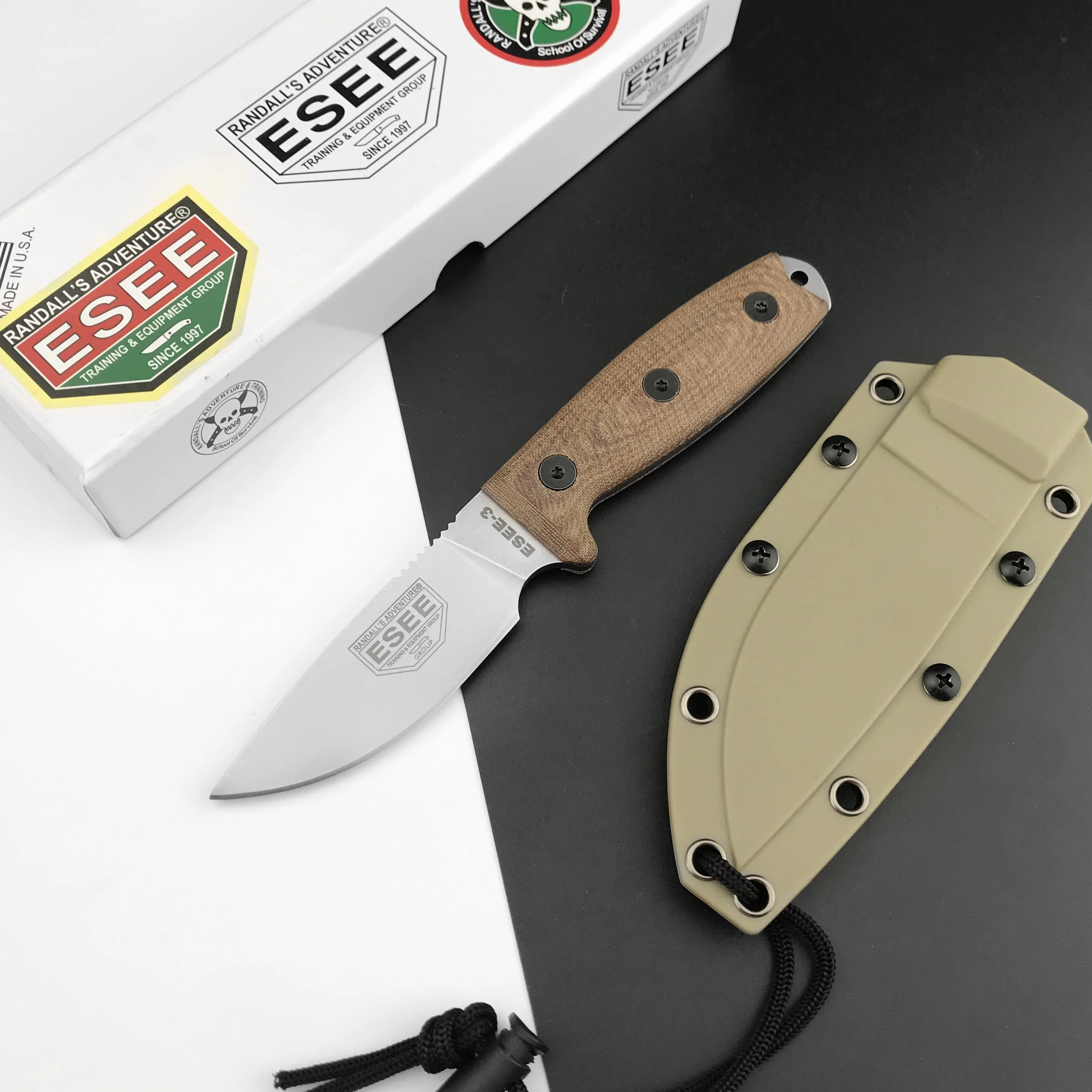 ESEE-3 Rowen Tactical Small Straight Knife Black & White G10/ Brown Linen handle Outdoor camping hunting self-defense knife