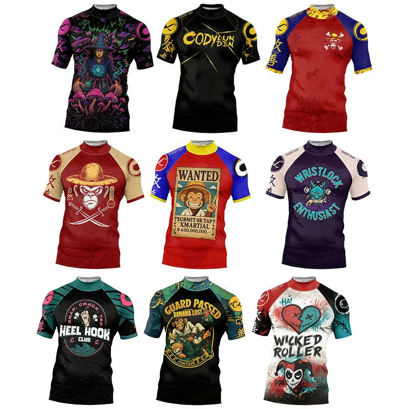 جديد جيو جيتسو Mma Rashguard Bjj تي شيرت الرجال ضغط التدريب قصيرة الأكمام تصارع قميص لا GI الملاكمة فنون الدفاع عن النفس ارتداء