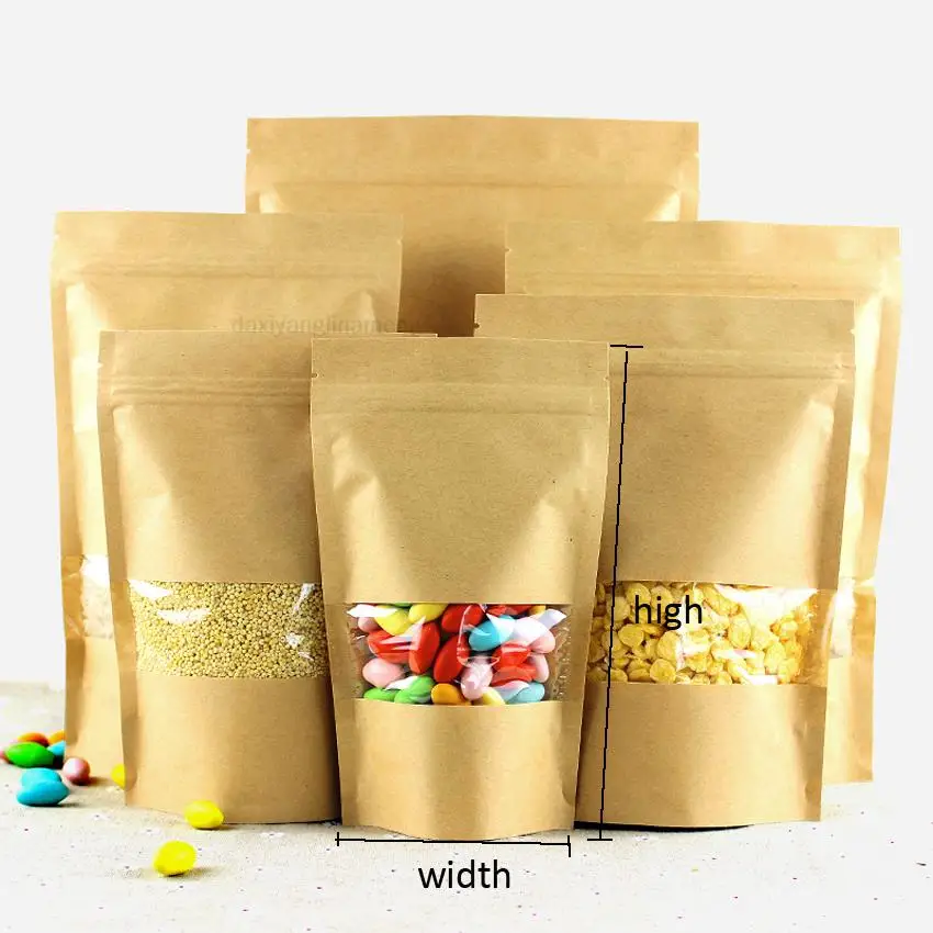 50/100pcs 13sizes Zipper Lock Kraft Paper Window Bag Stand Up Gift Dried Food Fruit Tea Packaging Pouches Self Sealing Bags