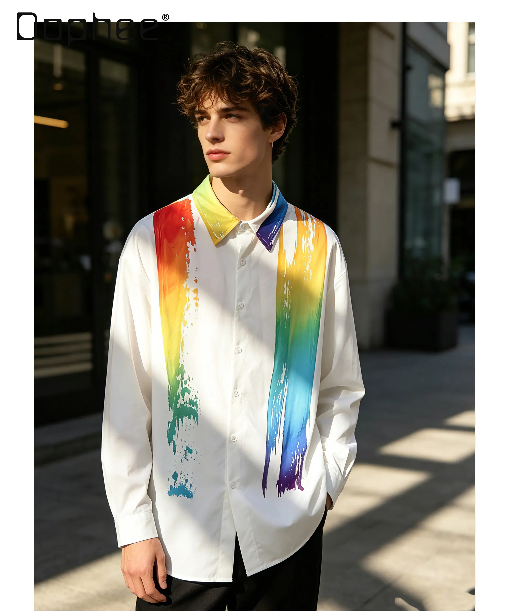 Men White Poly Cotton Long Sleeve Shirt Gradient Rainbow Brush Stroke Print Loose Casual Party Holiday Button Down Blouse