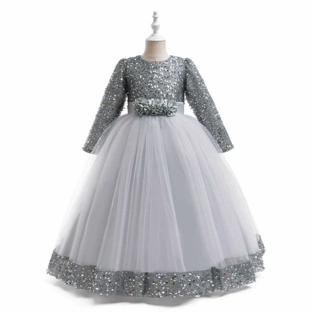 Sequin Christmas Girls Party Dress Long Sleeve Children Clothes Elegant Flower Princess Tulle Gown Kids Birthday Wedding Dresses image 3