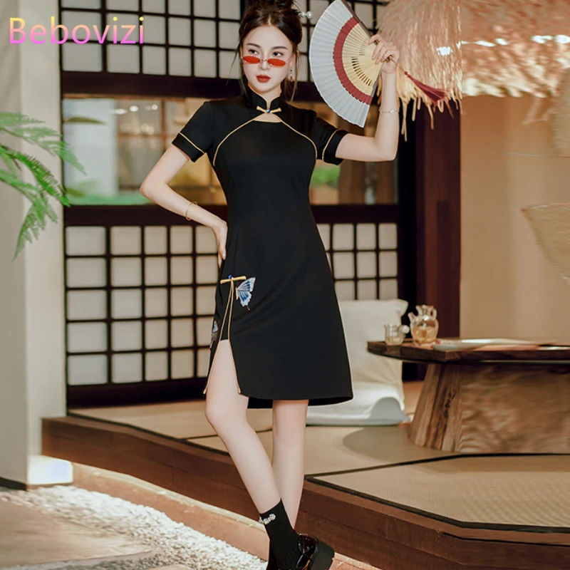 

Summer High-End Black Butterfly Embroidery Cheongsam New Young Short Sleeve Modern Improved Qipao Dress for Women Clothing