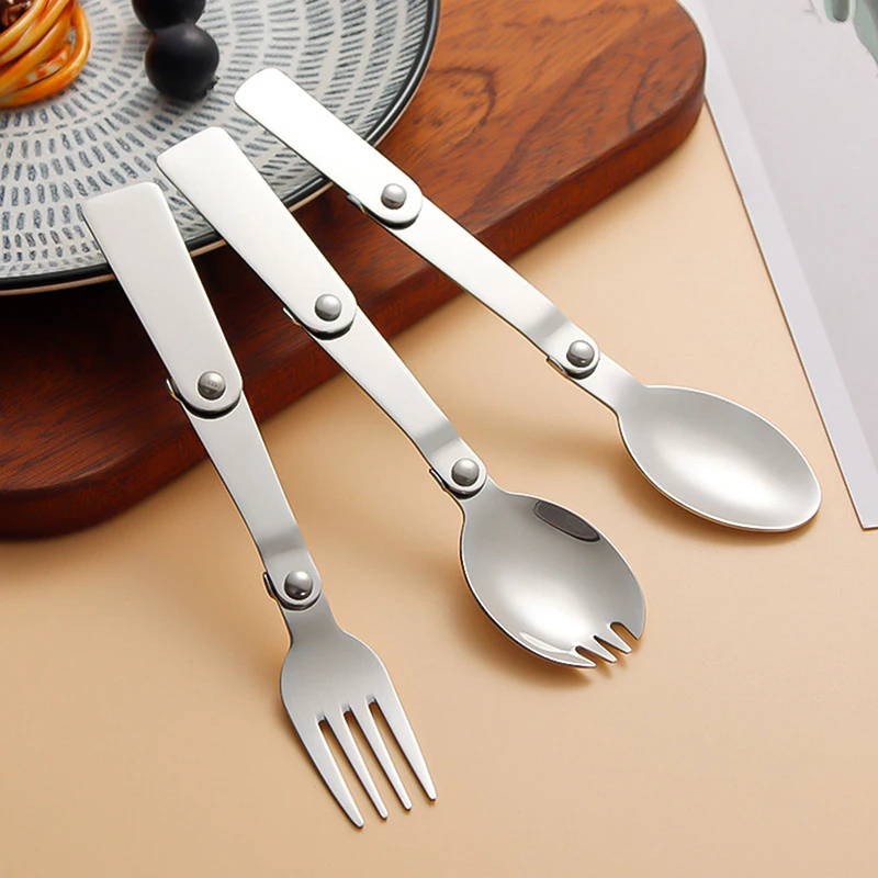 304 Stainless Steel Solding Spoon Creative Tableware Outdoor Portable Three-Fold Spoon Fork Travel