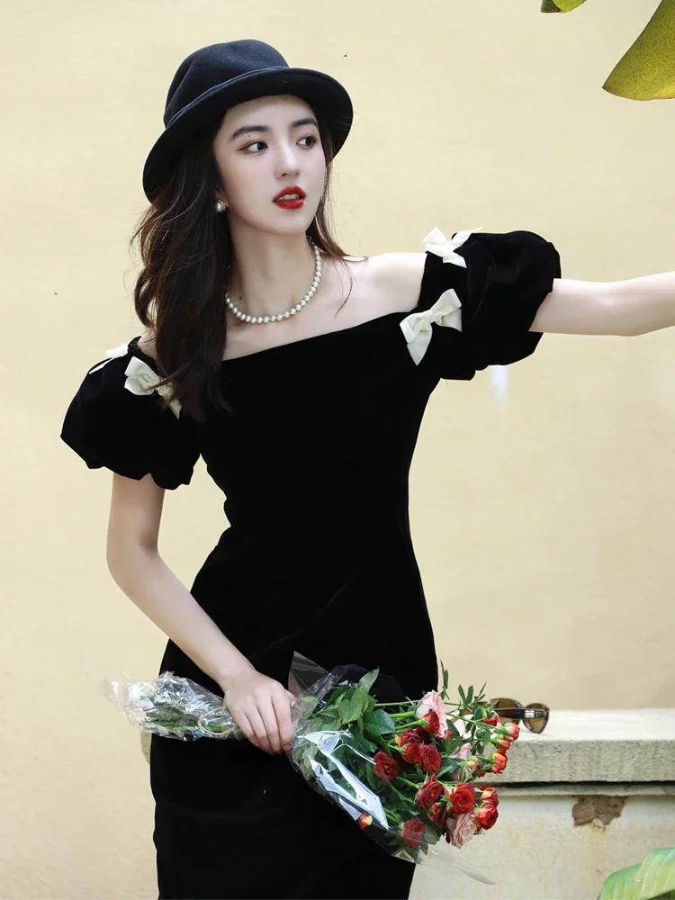 French Elegant Retro Hepburn Style Bow Off Shoulder Puff Sleeve High Waist Slim A-line Socialite Velvet Long Evening Dress Women