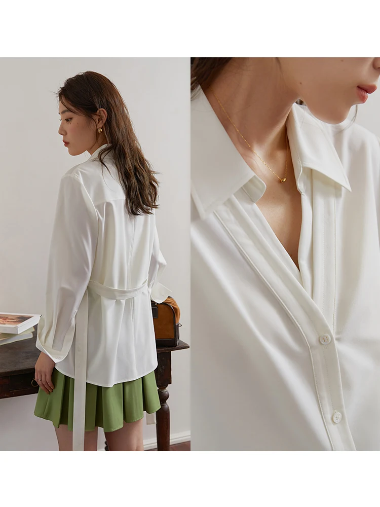 DUSHU Professional Women's Double Placket Lapel Casual Design Drawstring Shirt with Belt Spring New Commuter Sense Top for Women