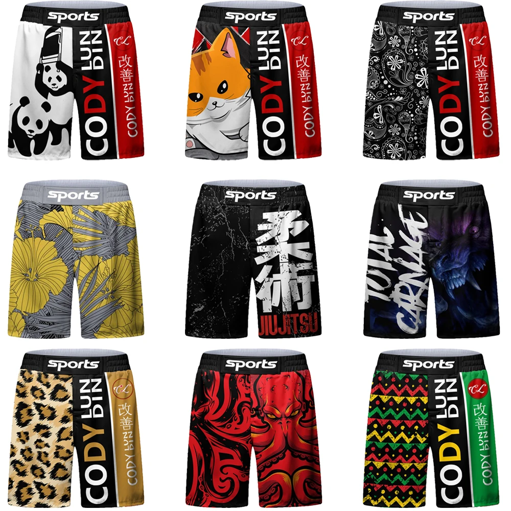 Men's Jiu Jitsu Print​ Shorts Black Martial Arts Training Pants With Breathable Fight Shorts Lightweight MMA Grappli Quick Dry