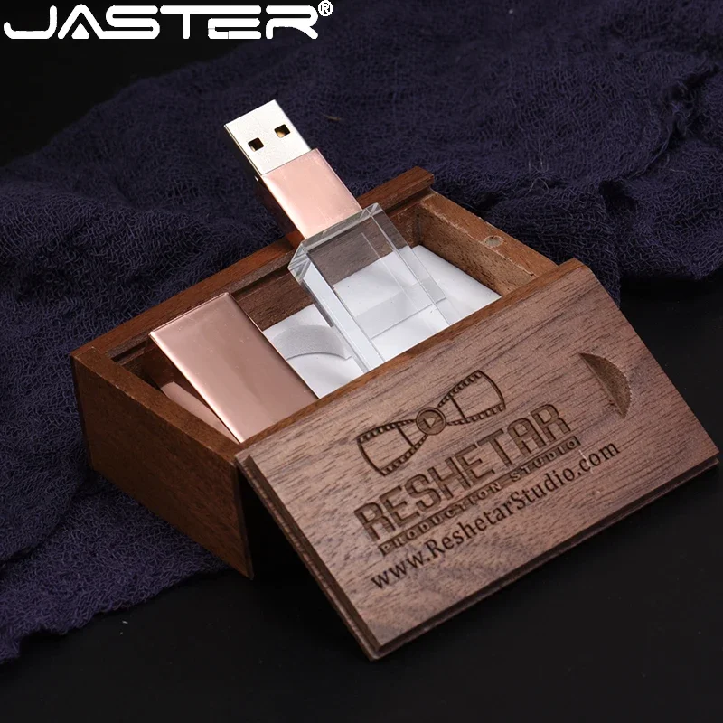 USB-накопитель JASTER, деревянная коробка, хрустальный флэш-накопитель с логотипом, креативный свадебный подарок, флэш-накопитель 128 ГБ, 16 ГБ, 32 ГБ, 64 ГБ