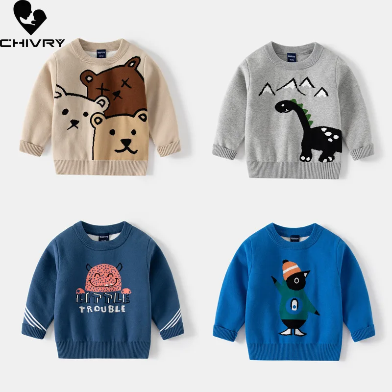 New Autumn Winter Kids Pullover Sweater Boys Cartoon Animal Jacquard Thick O-neck Knit Jumper Sweaters Tops Children's Clothing