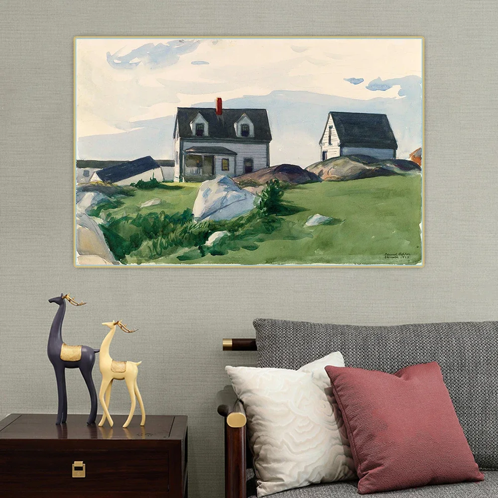 Casas de Squam Light1923, de Edward Hopper, lienzo, pintura al óleo, arte, imagen estética, póster, decoración de fondo de pared, decoración del hogar