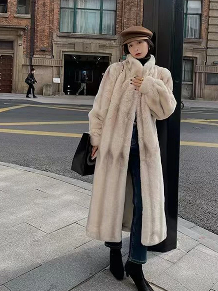 

Autumn Winter New Women's Fur Over Knee Coat Long Sleeve Standing Collar Warm Coat Streetwear Loose Casual Vintage Outerwear