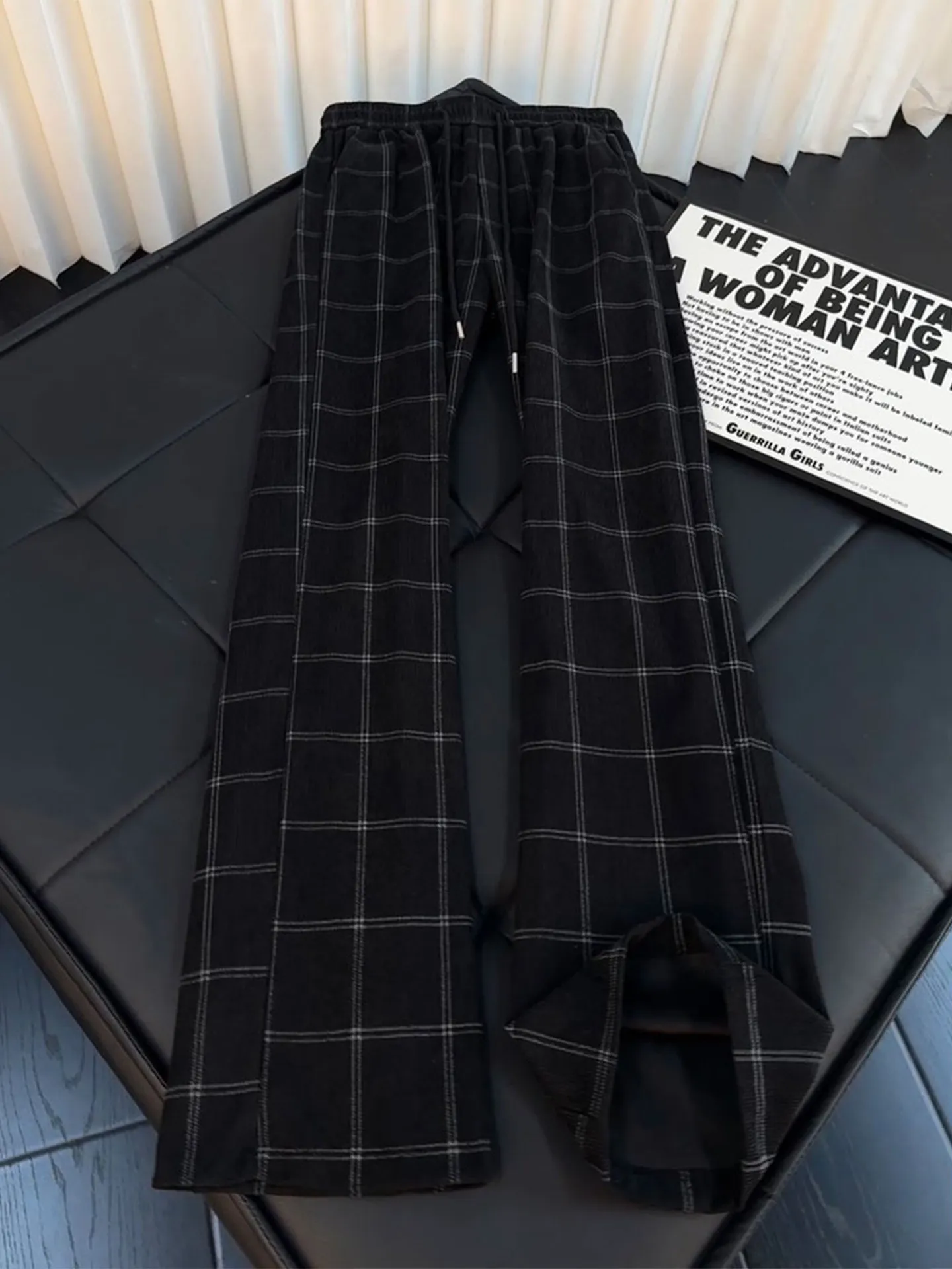 Retro American Black Plaid Men's Casual Pants Autumn Trendy Loose Straight Leg Bell Bottoms Comfortable Straight Tube Trousers