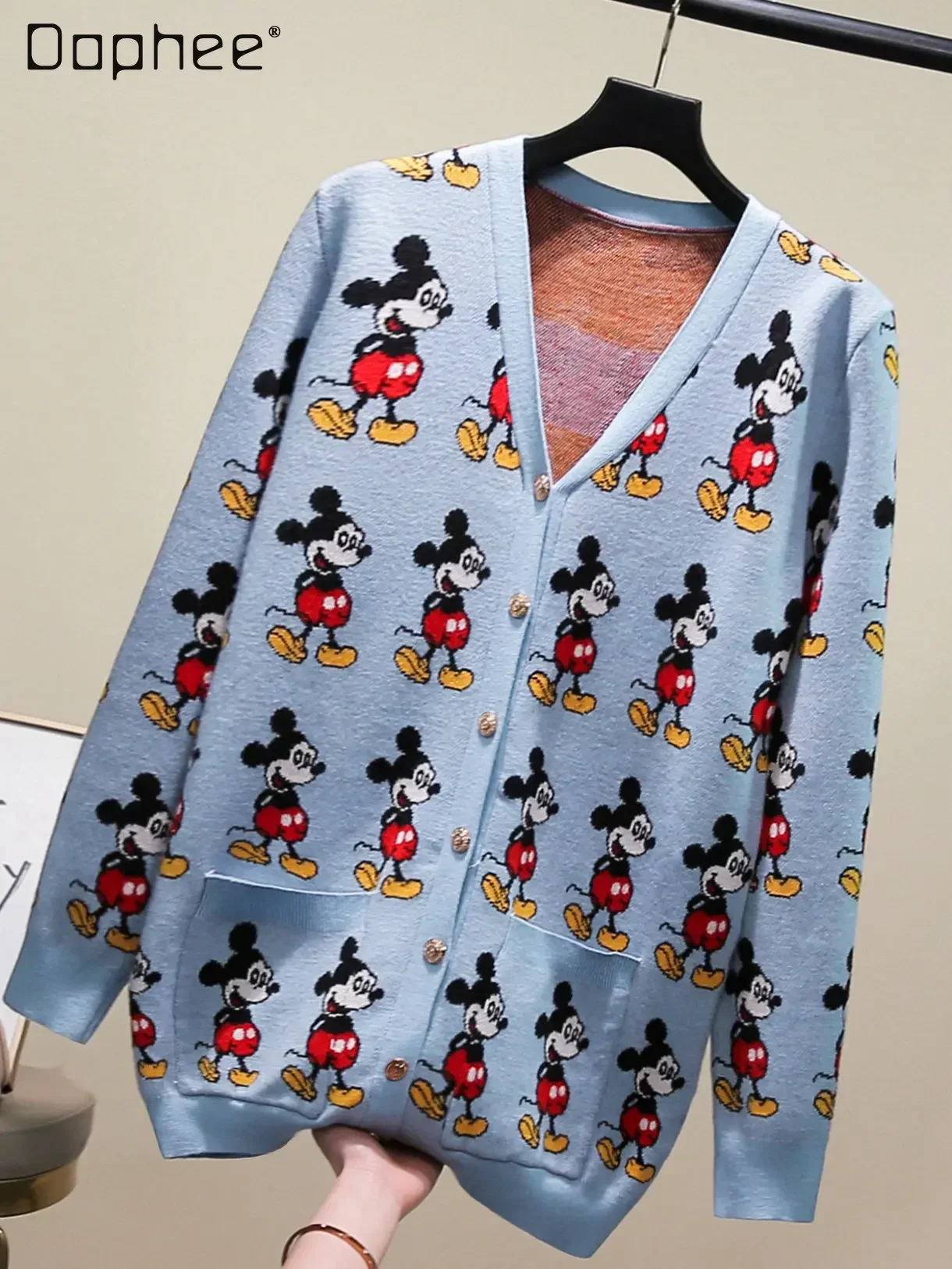 

Spring and Autumn New Full Printed Mickey Cartoon Long Sleeve V-neck Knitted Cardigan Ladies Fashion Long Sleeve Sweater Coat