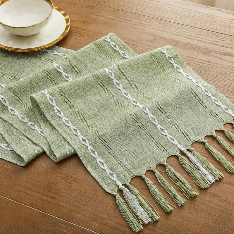 Lala toalha de mesa de vento de fazenda com costura fina, toalha de mesa boêmia verde salvia, decoração country 33x228cm