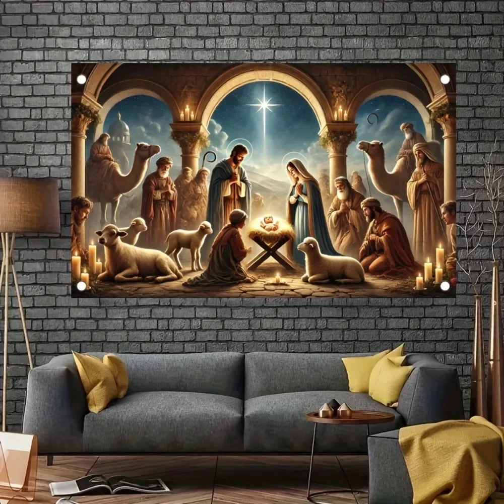 Christmas Nativity Scene Banner - indoor and outdoor holiday decorations, background for Nativity photos of the Holy Family