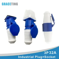 1Set 32 AMP 3 Pin Industrial Site Plug & Socket IP44 2P+E Male/Female Industry Electrical Socket Connector 220-240V Blue