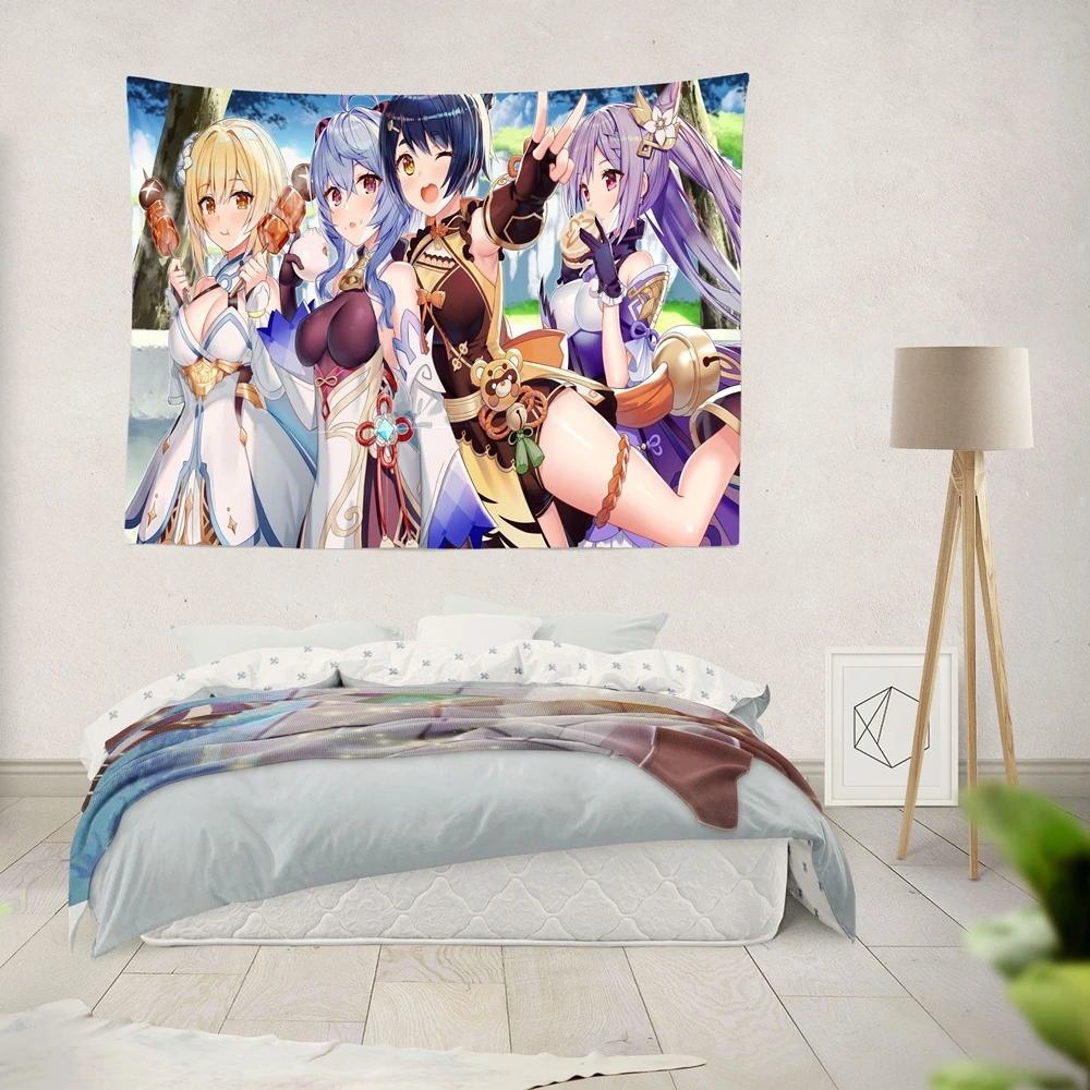 Custom Genshin Impact Game Anime Tapestry BedRoom Decor Wall Flag Raiden Shogun Zhongli Kazuha Shenhe HuTao Venti Lovely Poster