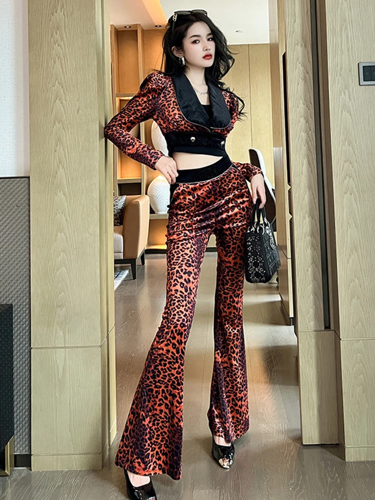 

Spring 2 Pieces Pants Set for Women 2023 Trendy Fashion Leopard Puff Sleeve Short Jacket High Waist Flare Pants Femme Outfits