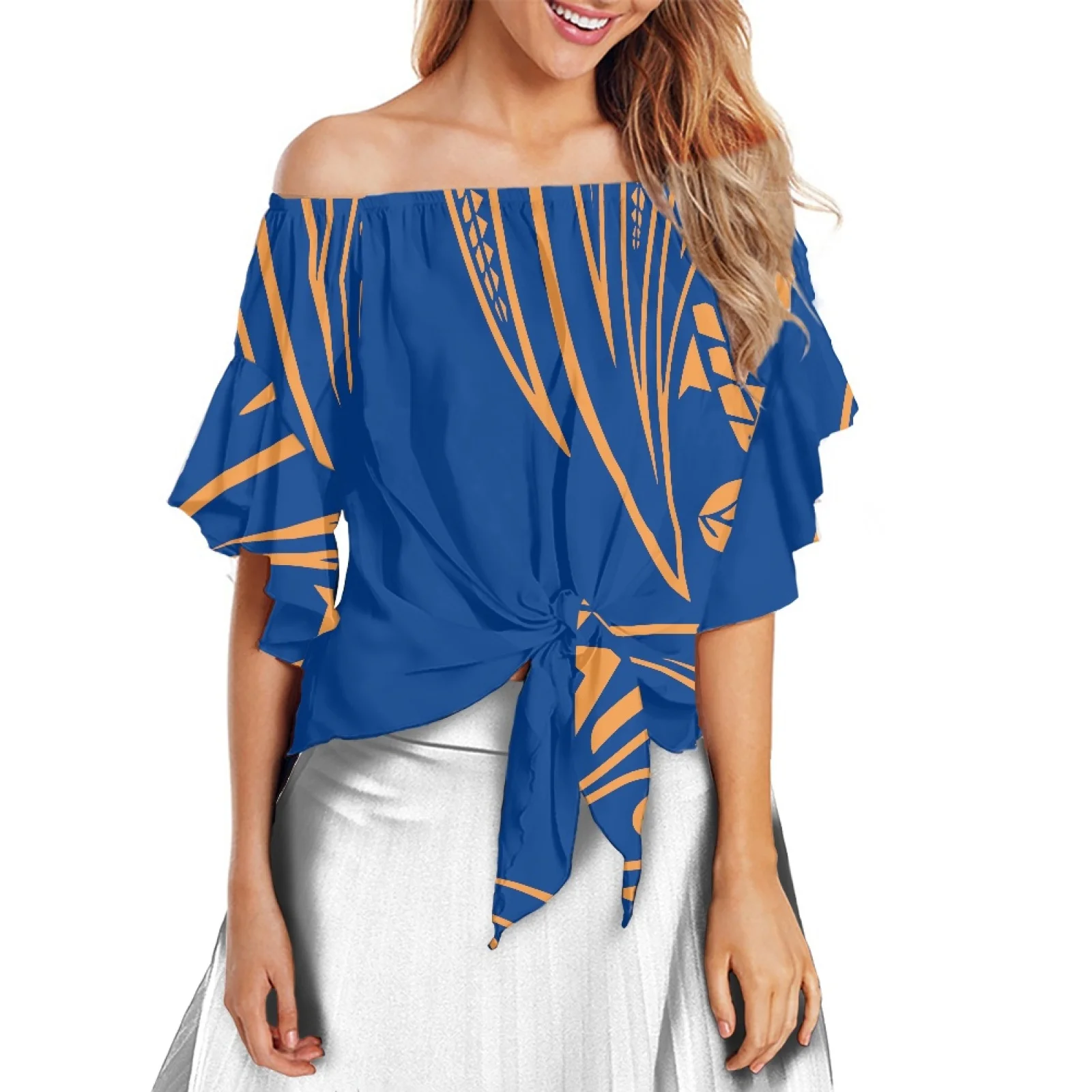 Samoa Tribe Fashion Design Off Shoulder Tops 100% Polyester Women Shirt Flare Sleeve Retro StyleTattoos Printing Blouses