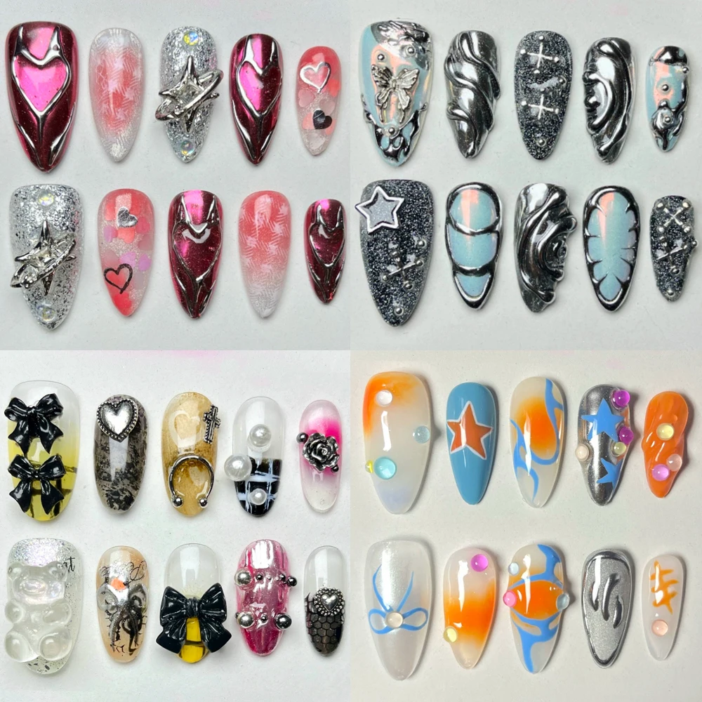 

Y2K Spice Girl Punk Handmade Almond Square Full Cover Nails Dopamine Metal Flower Butterfly Stars Bowknot Cat Eyes Press On Nail