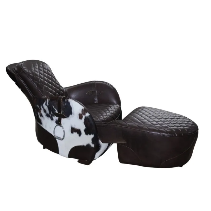 Cowhide sofa recliner with pedal medieval living room bedroom study cigar chair